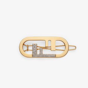 Fendi O'Lock Hair Clip In Crystal Metal Gold