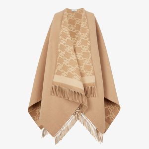 Fendi Reversible Poncho In Karl Motif Wool and Cashmere Beige