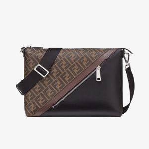 Fendi Slim Messenger Bag In FF Motif Fabric Brown