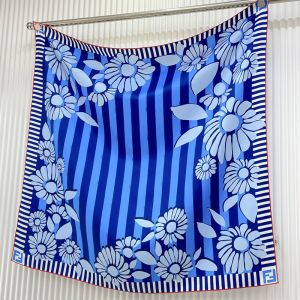 Fendi Square Scarf In Pequin Stripes Flowers Motif Silk Blue