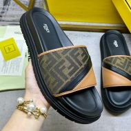 Fendi Diagonal Slides Men FF Motif Fabric and Leather Brown