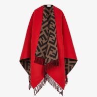 Fendi Reversible Poncho In FF Motif Wool and Cashmere Red