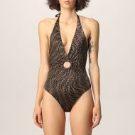 Fendi Halterneck Swimsuit Women FF Vertigo Motif Lycra Brown