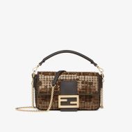 Fendi Mini Baguette Bag In FF Motif Fabric with Sequins Brown