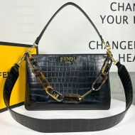 Fendi O'Lock Zip Shoulder Bag In Crocodile Leather Black