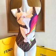 Fendi Reversible Swimsuit Women Rainbow Girl FF Motif Lycra Brown/Sky Blue