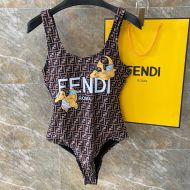 Fendi Swimsuit Women Pokmon Dragon FF Motif Lycra Brown/Yellow